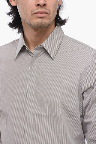 Camicia Gessata in Popeline di Cotone con Collo Francese