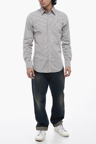 Camicia Gessata in Popeline di Cotone con Collo Francese