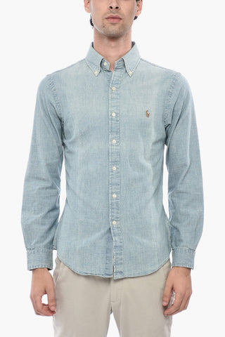 Light Wash Denim Slim Fit Shirt with Button-down Collar