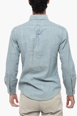Light Wash Denim Slim Fit Shirt with Button-down Collar
