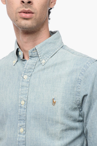 Light Wash Denim Slim Fit Shirt with Button-down Collar