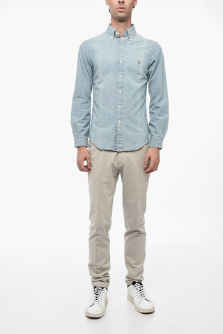 Light Wash Denim Slim Fit Shirt with Button-down Collar