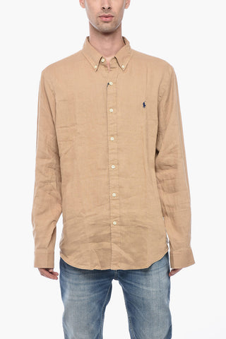 Button-down Linen Shirt with Embroidered Logo