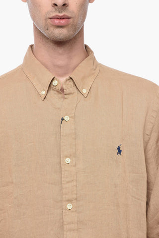 Button-down Linen Shirt with Embroidered Logo