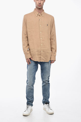 Button-down Linen Shirt with Embroidered Logo