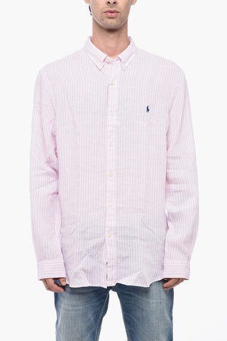 Awning Patterned Linen Shirt with Button-down Collar