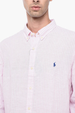 Awning Patterned Linen Shirt with Button-down Collar
