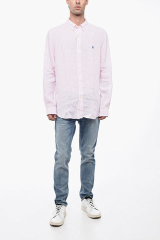 Awning Patterned Linen Shirt with Button-down Collar