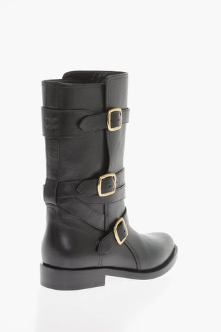 Leather Biker Boots with Three-Buckle Design