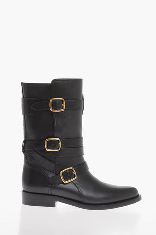 Leather Biker Boots with Three-Buckle Design