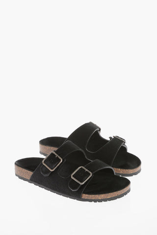 Pony-Fur Double Band Sandals with Buckle