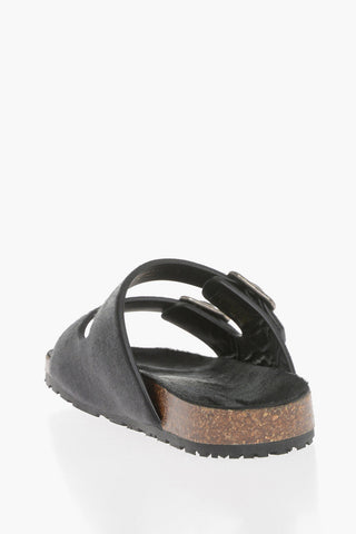 Pony-Fur Double Band Sandals with Buckle