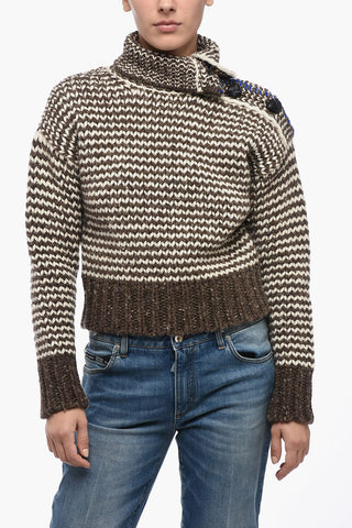 Pullover Crop in Lana Bicolore con Bottoni in Pelle