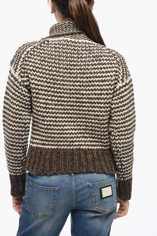 Pullover Crop in Lana Bicolore con Bottoni in Pelle