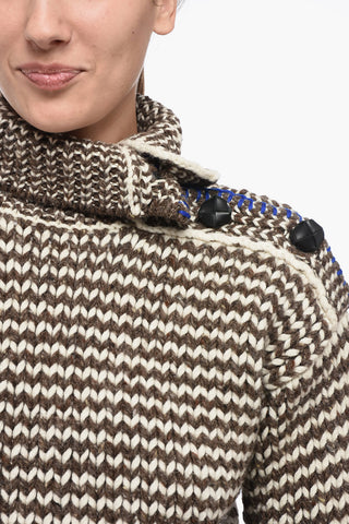 Pullover Crop in Lana Bicolore con Bottoni in Pelle