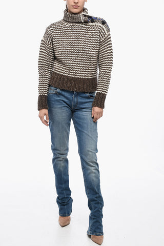 Pullover Crop in Lana Bicolore con Bottoni in Pelle