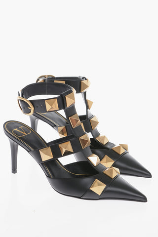 Pointed Leather Sandals With Studs Details Heel 8 cm