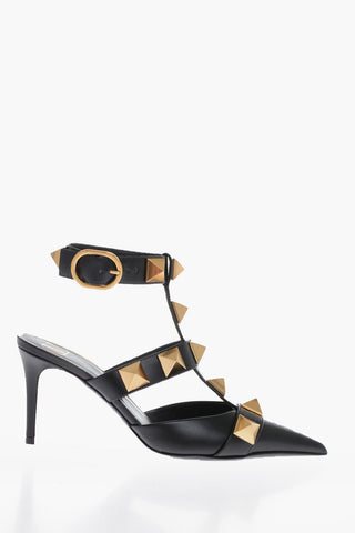 Pointed Leather Sandals With Studs Details Heel 8 cm