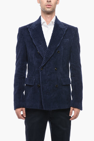 Corduroy Double Breaste Blazer with Flap Pocket