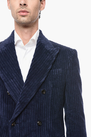 Corduroy Double Breaste Blazer with Flap Pocket