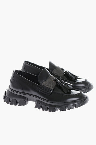 Brushed Leather Loafers With Tassels And Glitter Details