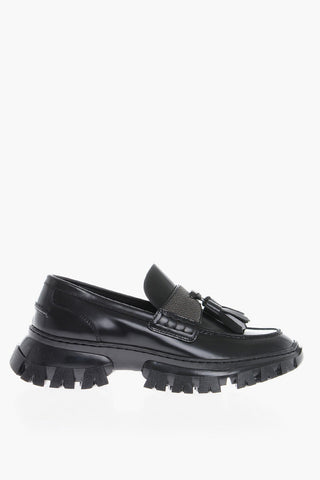 Brushed Leather Loafers With Tassels And Glitter Details