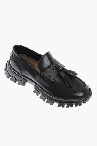 Brushed Leather Loafers With Tassels And Glitter Details