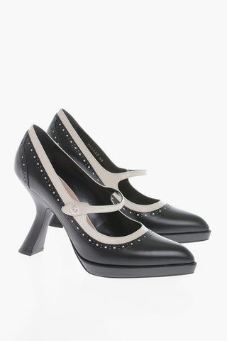 Leather Pumps With Strap And Brogues Details Heel 11 cm