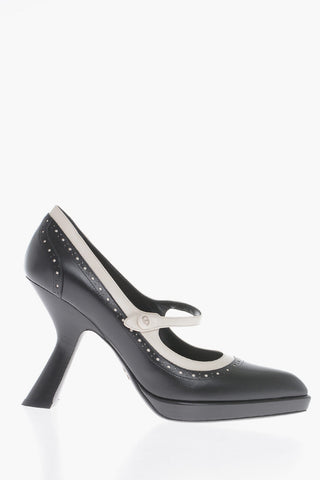 Leather Pumps With Strap And Brogues Details Heel 11 cm