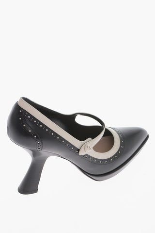 Leather Pumps With Strap And Brogues Details Heel 11 cm