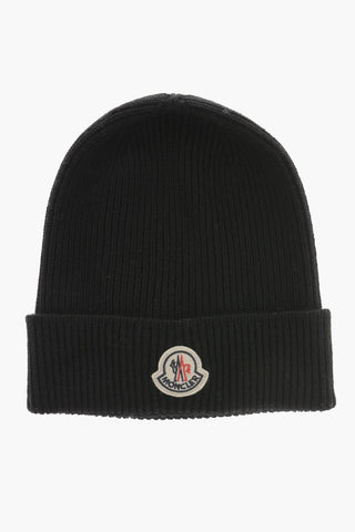 Virgin Wool Ribbed Beanie with Contrasting Logo Patch