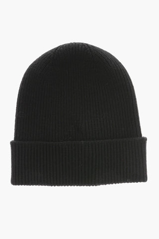 Virgin Wool Ribbed Beanie with Contrasting Logo Patch