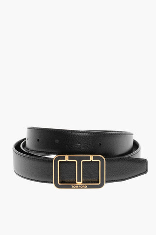 Solid Color Leather Belt with Logoed Buckle 30mm