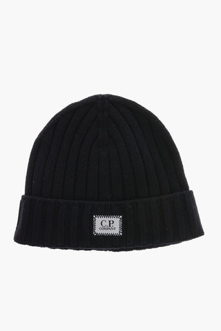 Beanie in Lana a Costine con Patch Logo a Contrasto