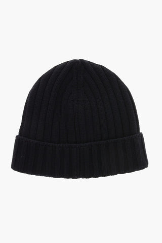 Beanie in Lana a Costine con Patch Logo a Contrasto