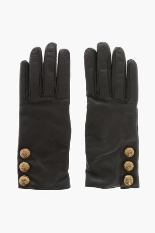 Solid Color Leather Gloves with Golden Details