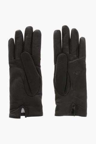 Solid Color Leather Gloves with Golden Details
