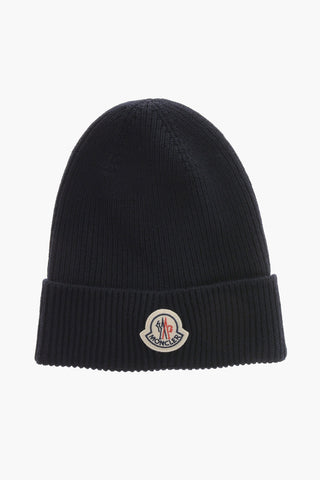Virgin Wool Ribbed Beanie with Contrasting Logo Patch