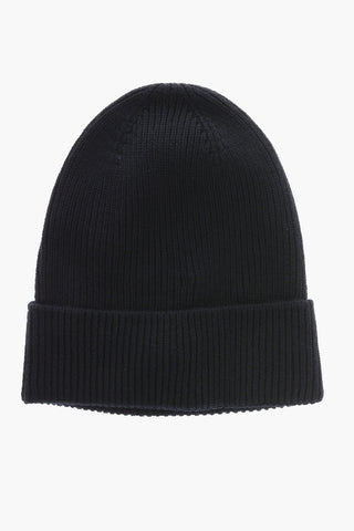 Virgin Wool Ribbed Beanie with Contrasting Logo Patch