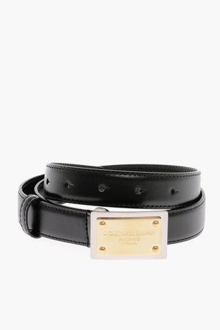Solid Color Leather Belt with Logoed Buckle 25mm