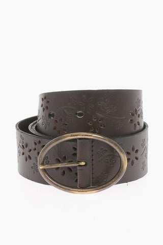 Floral-Motif Leather Belt with Open-Work Detail