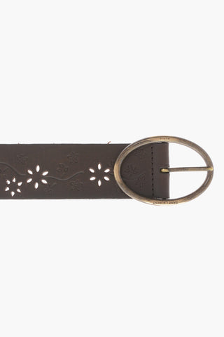 Floral-Motif Leather Belt with Open-Work Detail