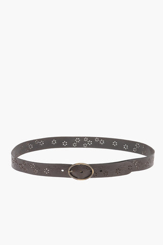 Floral-Motif Leather Belt with Open-Work Detail