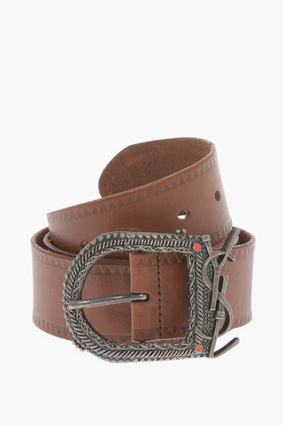 Leather Debossed Detailing Belt with Logoed Buckle 40mm