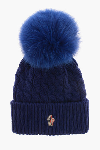 GRENOBLE Solid Color Beanie with Real Fur Pom Pom
