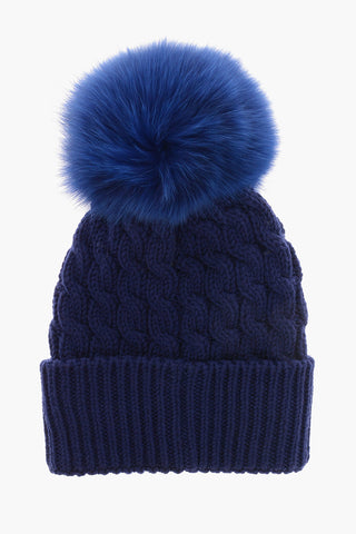 GRENOBLE Solid Color Beanie with Real Fur Pom Pom
