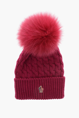GRENOBLE Solid Color Beanie with Real Fur Pom Pom