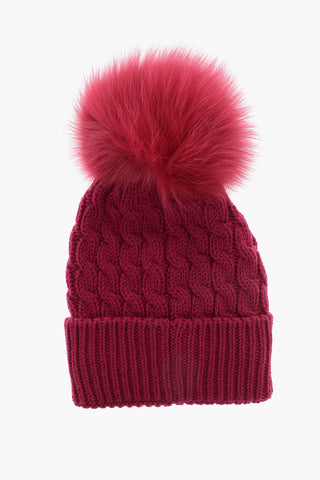 GRENOBLE Solid Color Beanie with Real Fur Pom Pom