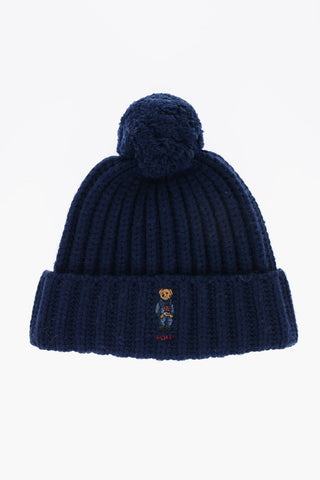 Embroidered DENIM BEAR Beanie With Pon-Pon