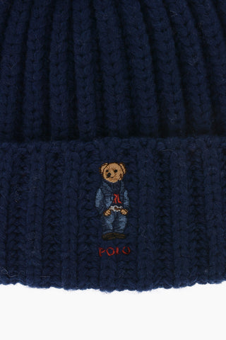 Embroidered DENIM BEAR Beanie With Pon-Pon
